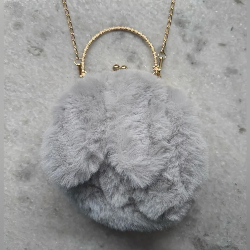 New Fuzzy Faux Fur Gray Winter Rabbit Bunny Ears Crossbody Shoulder Purse Bag